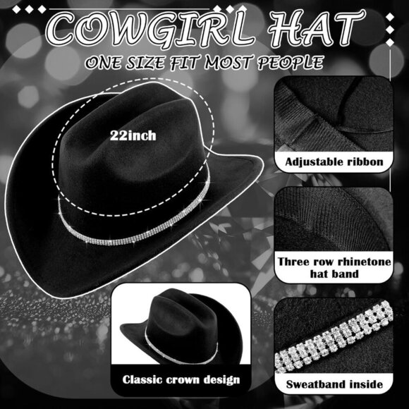 Rhinestone Cowboy Hat Polyester Black with Glitter Belt Accessories for Women main image 6